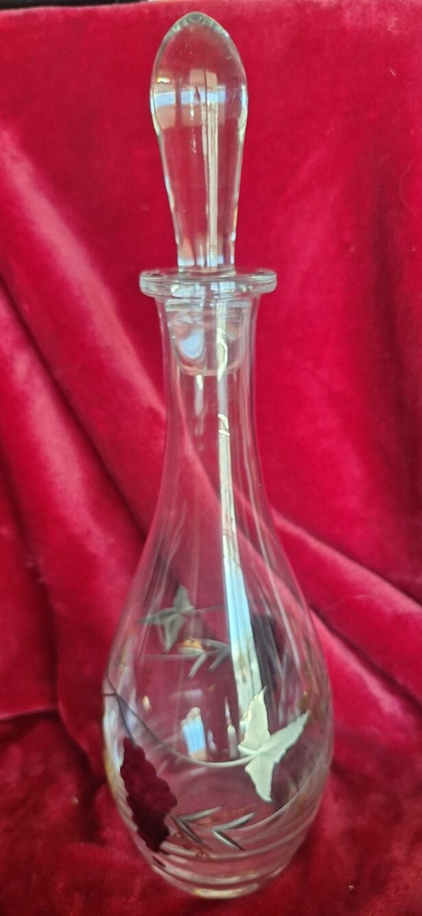 Vintage Hand-Painted Glass Decanter with Grapes Design w/ Stopper- Mint